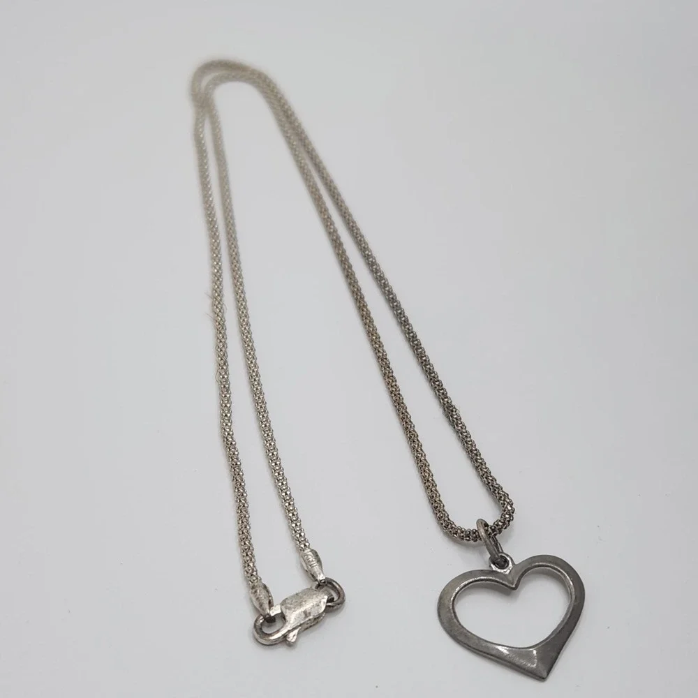 Vintage Italy 925 Sterling Silver Open Heart Pendant Popcorn Chain Necklace 15
